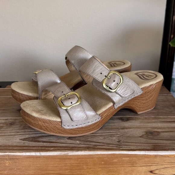 Dansko Sophie Leather Taupe Sand Dollar Double Adjustable Strap Open Toe Clog Si - Picture 1 of 14